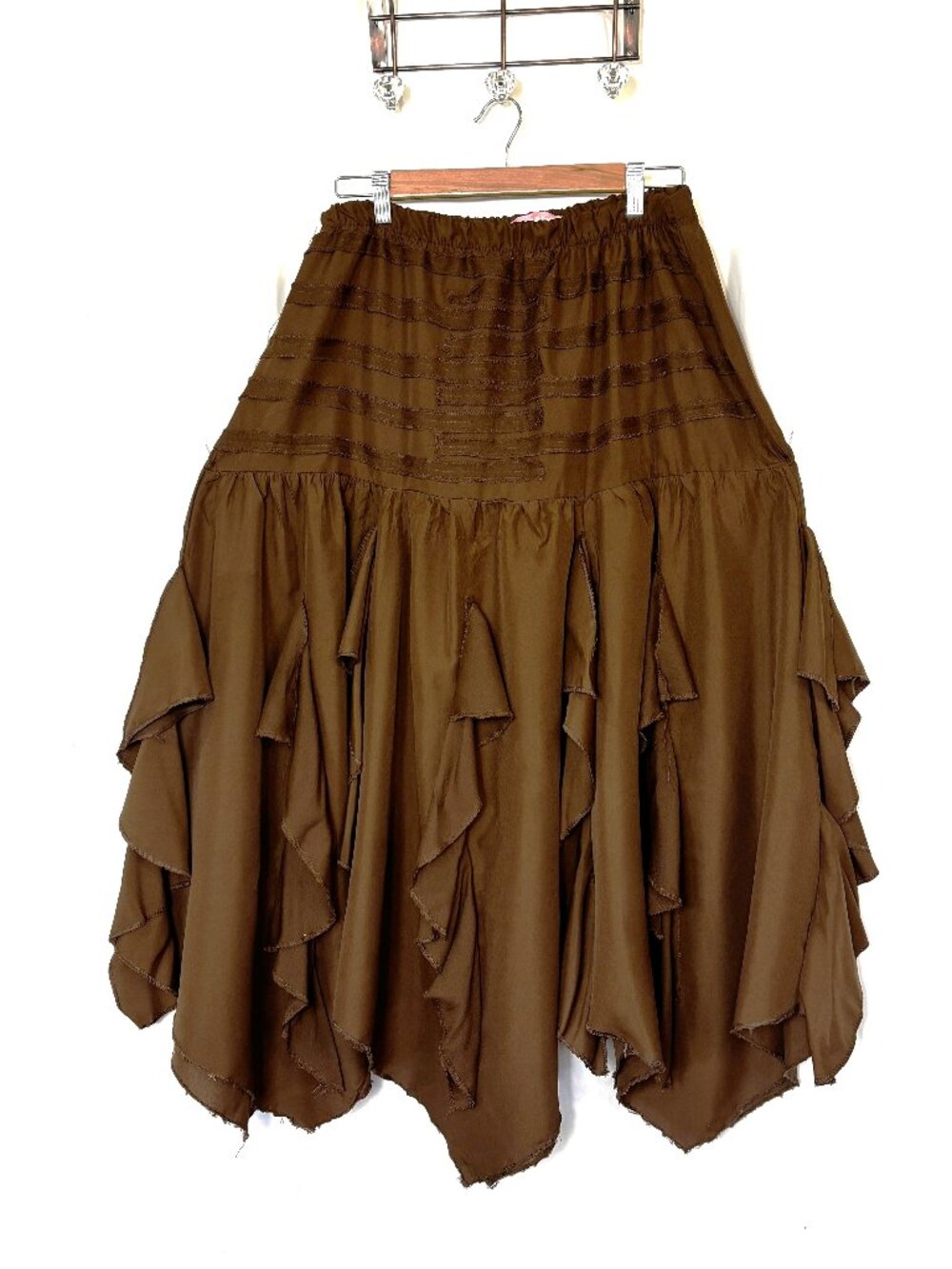 VTG 90โs Steampunk Lagenlook Boho Brown Skirt w/ Ruffles Valesi M/L